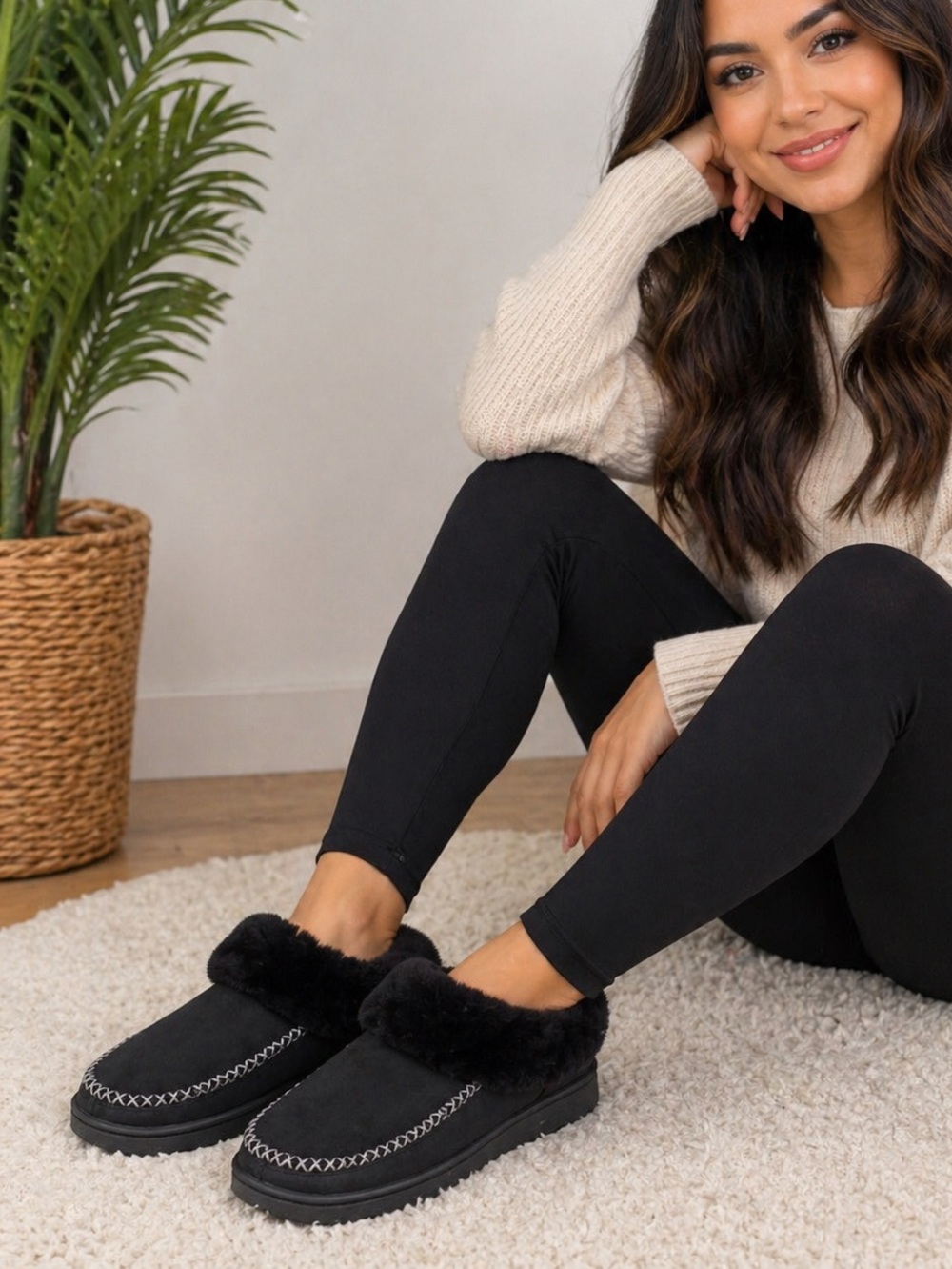 Black Faux Fur Slippers Memory Foam Cozy Warm Plush Slip On Indoor Outdoor Women